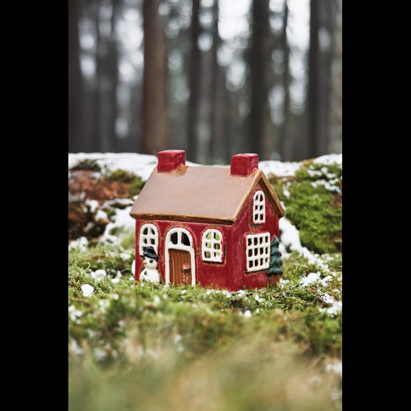 Ib Laursen Värmeljusstake Hus Snögubbe Röd 2